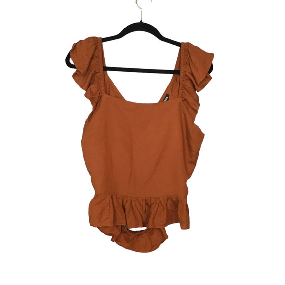 Express Linen Rust Ruffle Sleeve Blouse - Picture 2 of 7